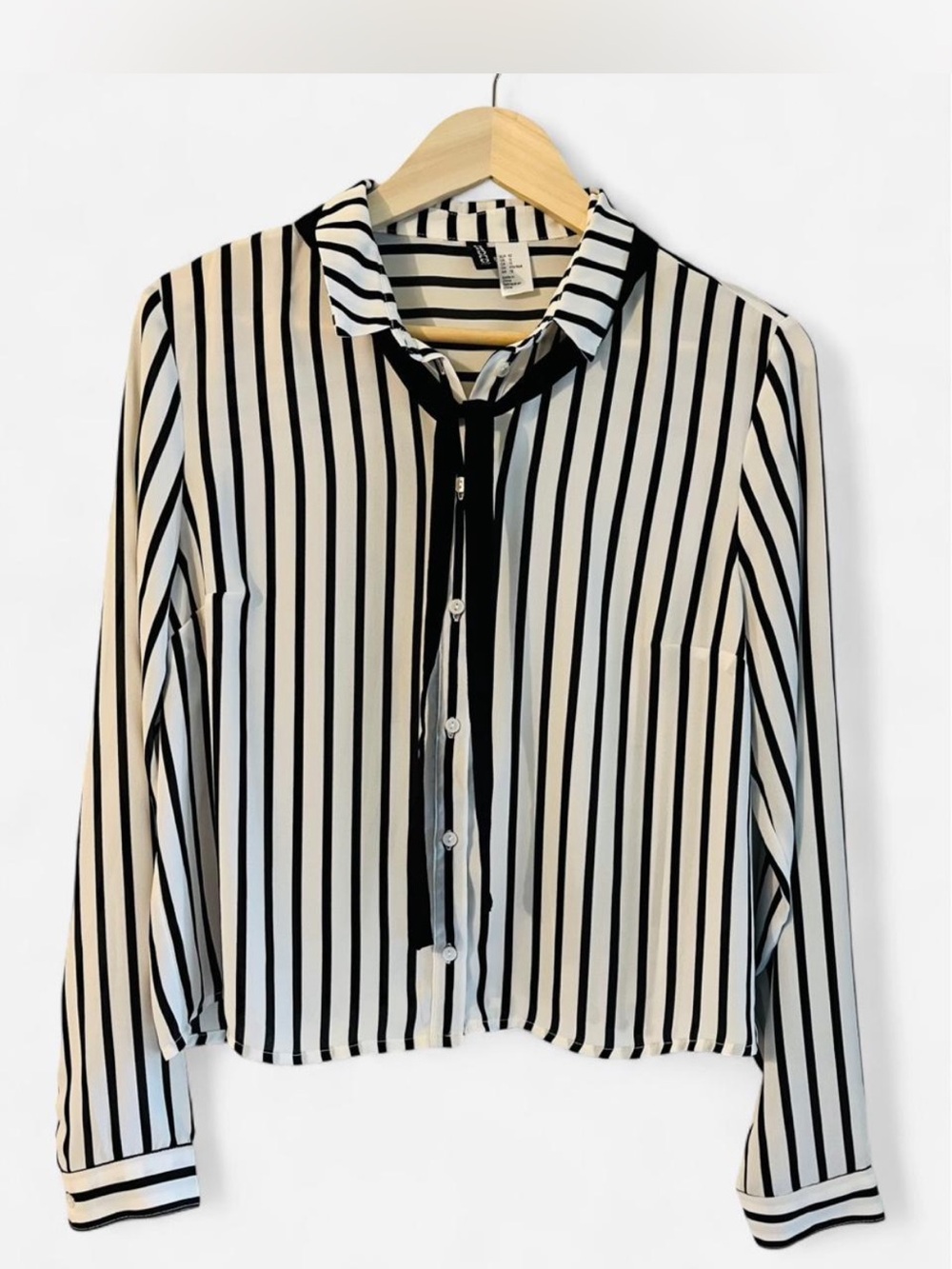 Divided Black & White Vertical Stripe Tie-Neck Button Down Shirt